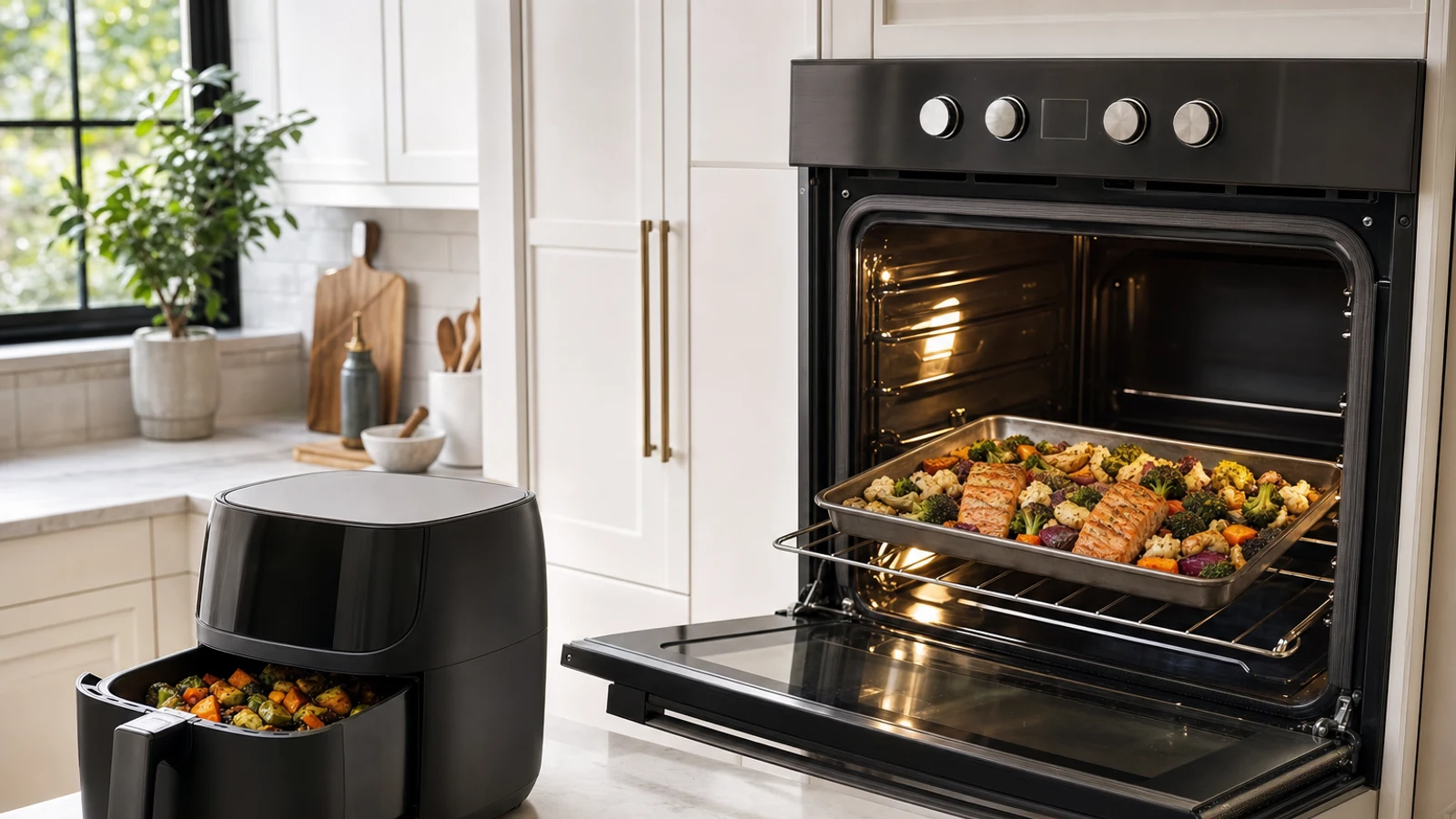 A compact air fryer beside a full-size convection oven with a basket of crisp vegetables and a large roasting pan on a kitchen counter