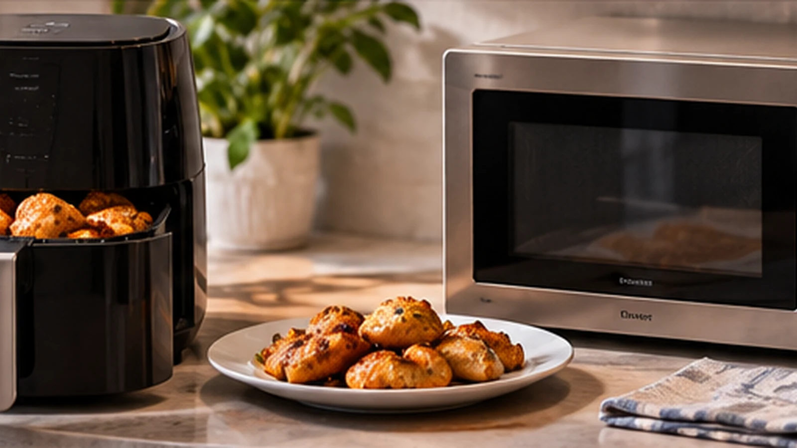 Air fryer and microwave side by side with reheated food in a modern kitchen.