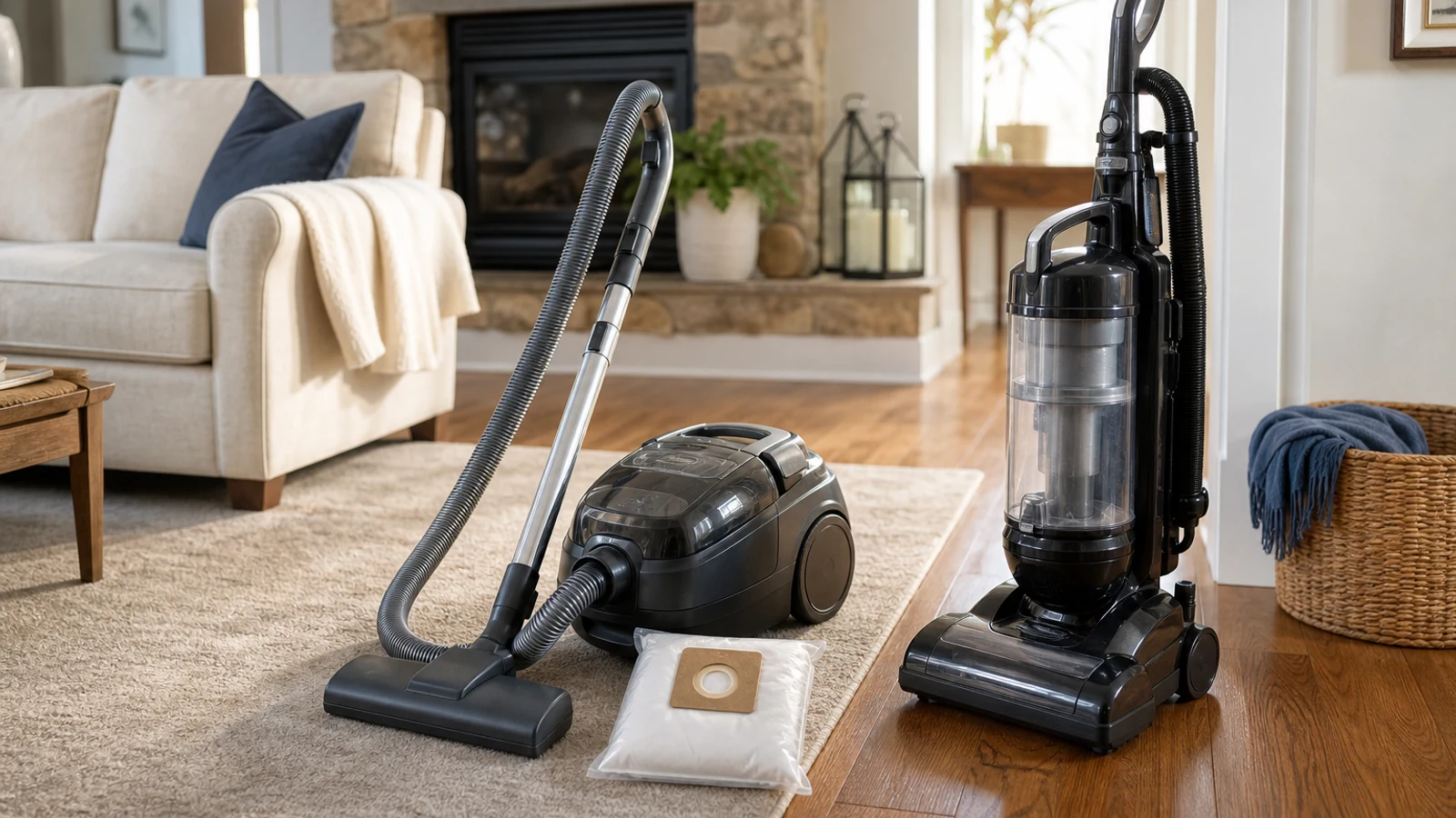 A bagged canister vacuum and a bagless upright vacuum beside carpet and hardwood flooring in a bright home