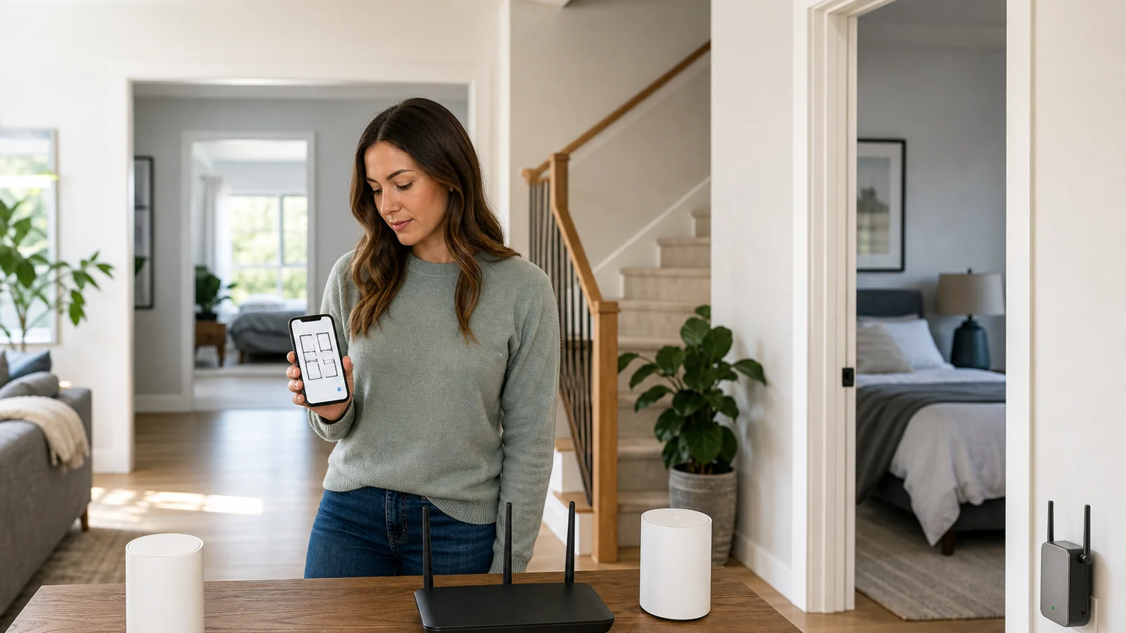 A homeowner deciding between a compact Wi-Fi extender and a multi-node mesh Wi-Fi system in a bright modern home