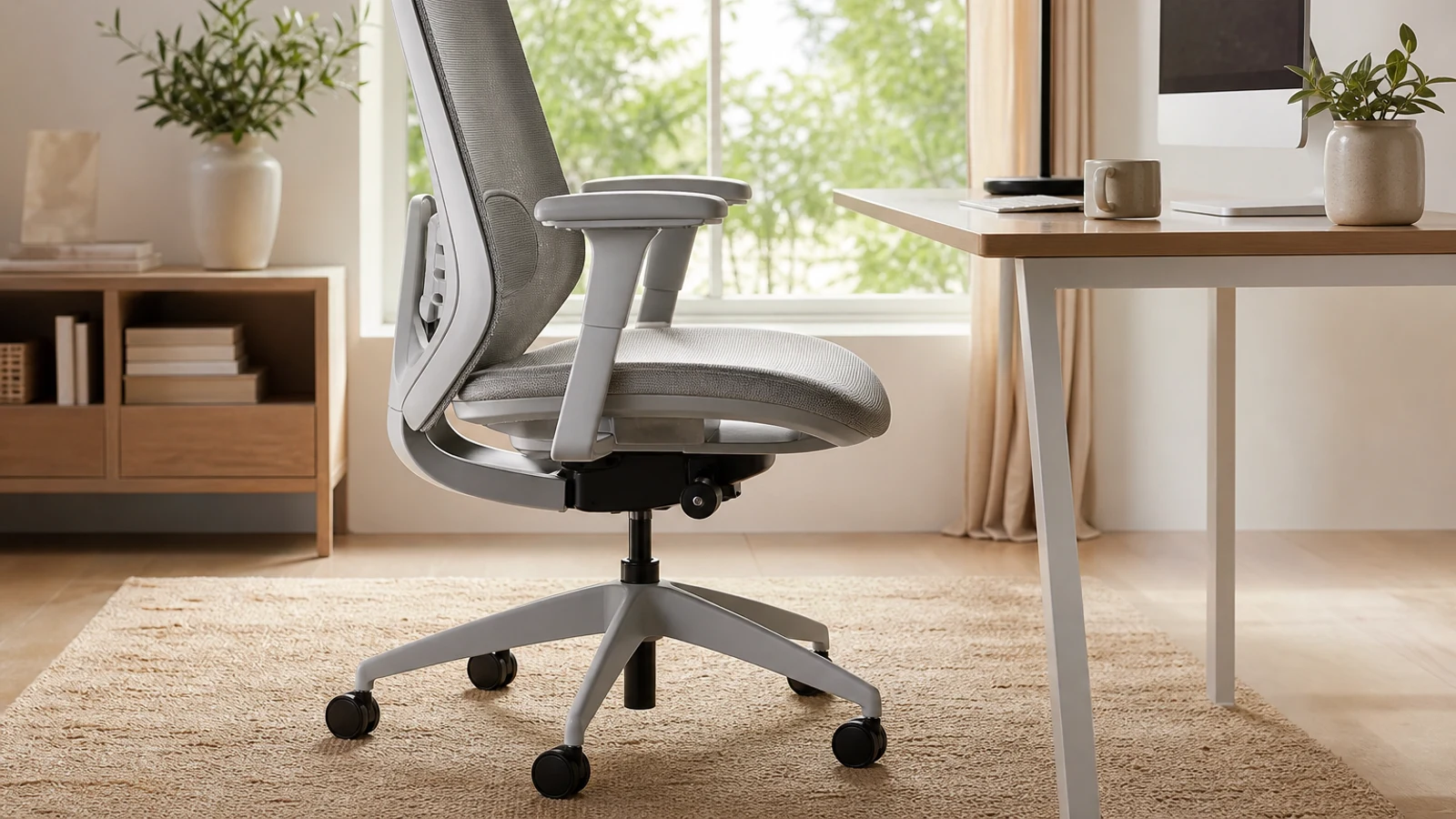 A thoughtfully arranged home office showing an adjustable ergonomic chair at a desk, with the chair positioned for relaxed shoulders, supported feet, and a comfortable reclined posture.