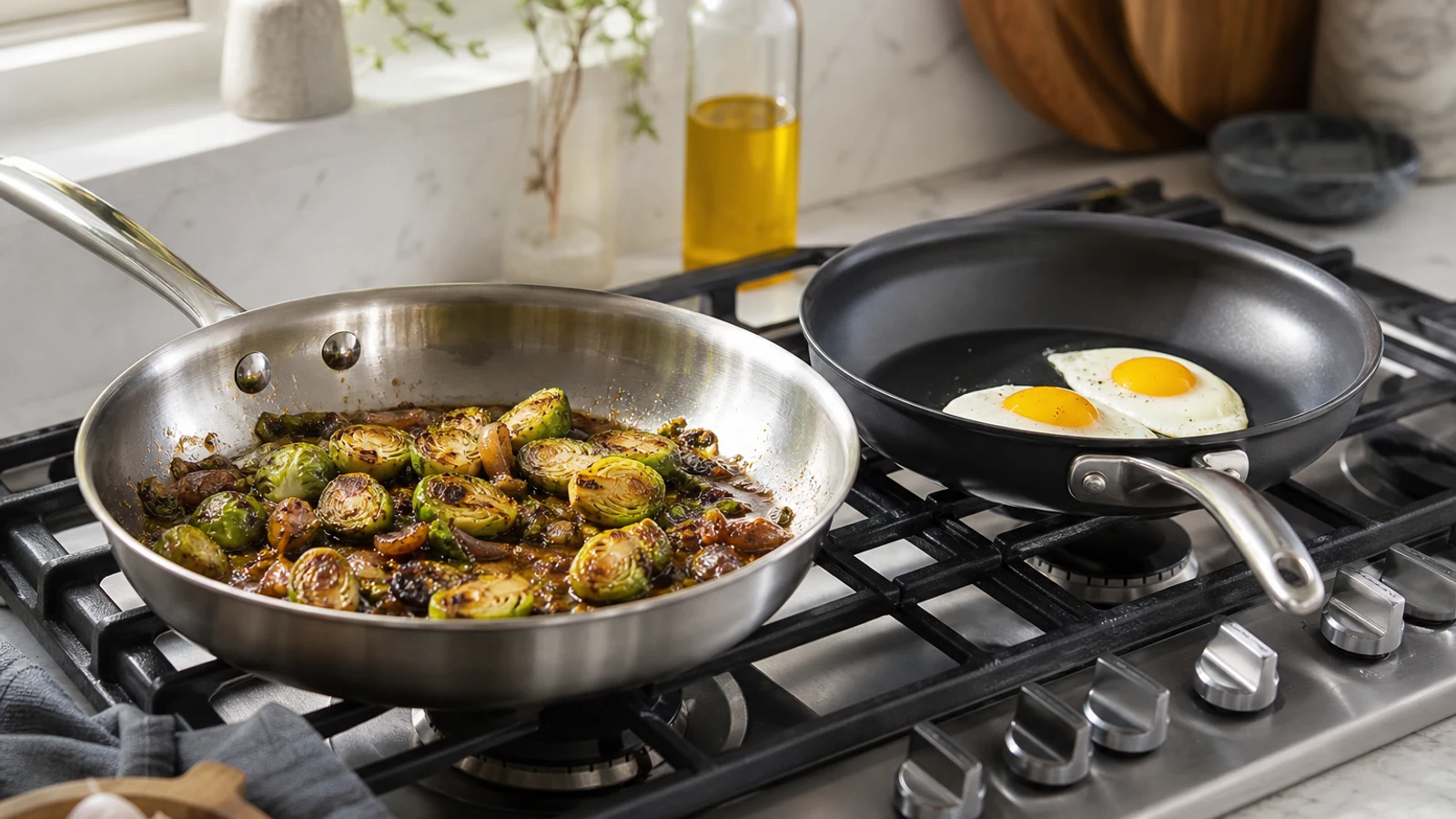 Stainless steel and nonstick skillets beside prepared eggs, seared vegetables, and a pan sauce on a bright home kitchen counter