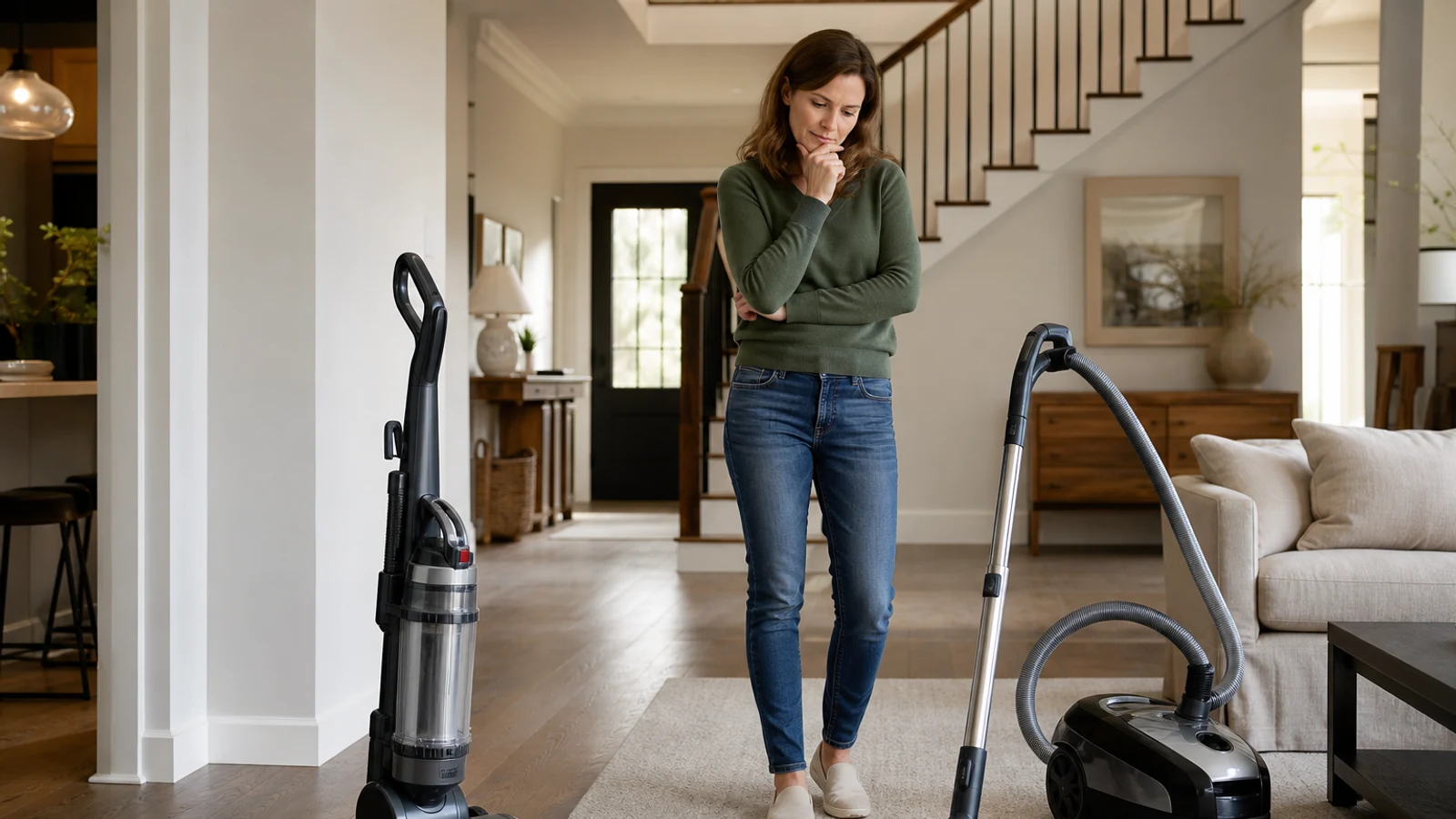 A homeowner choosing between an upright vacuum and a canister vacuum in a bright mixed-floor living room