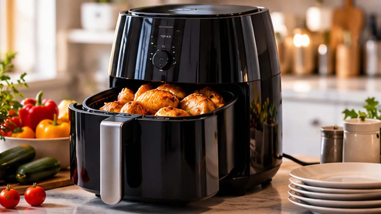 Basket-style air fryer with cooked food and serving plates in a bright kitchen.